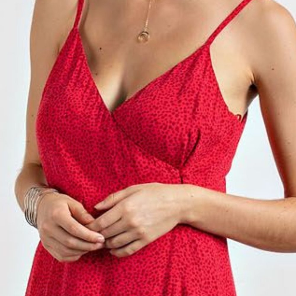Spaghetti Strap Wrap Dress Adjustable Strap Ruffle Hem Maxi - Raspberry Red - Picture 10 of 11